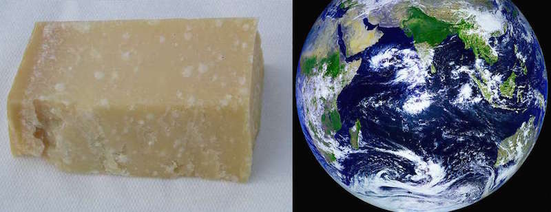 Parmigiano on the left, and our beautiful blue planet on the right. (Wikimedia Commons and Flickr)