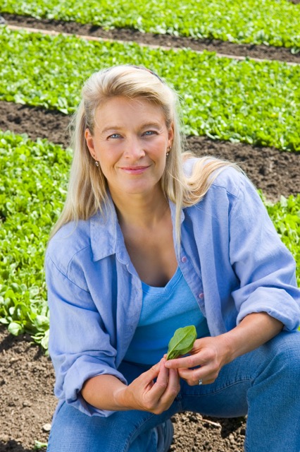Nell in lettuce field, close-up-1
