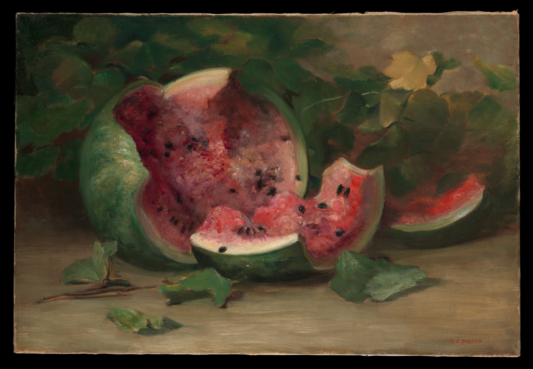 Charles Ethan Porter (1847–1923) Untitled (Cracked Watermelon), ca. 1890 American, oil on canvas; 19 1/8 × 28 3/16 in. (48.6 × 71.6 cm) The Metropolitan Museum of Art, New York, Purchase, Nancy Dunn Revocable Trust, 2015 (2015.118) http://www.metmuseum.org/Collections/search-the-collections/677910